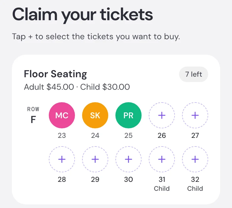 Claim your tickets screen showing a row of seats, some already claimed by squad members and others available to select
