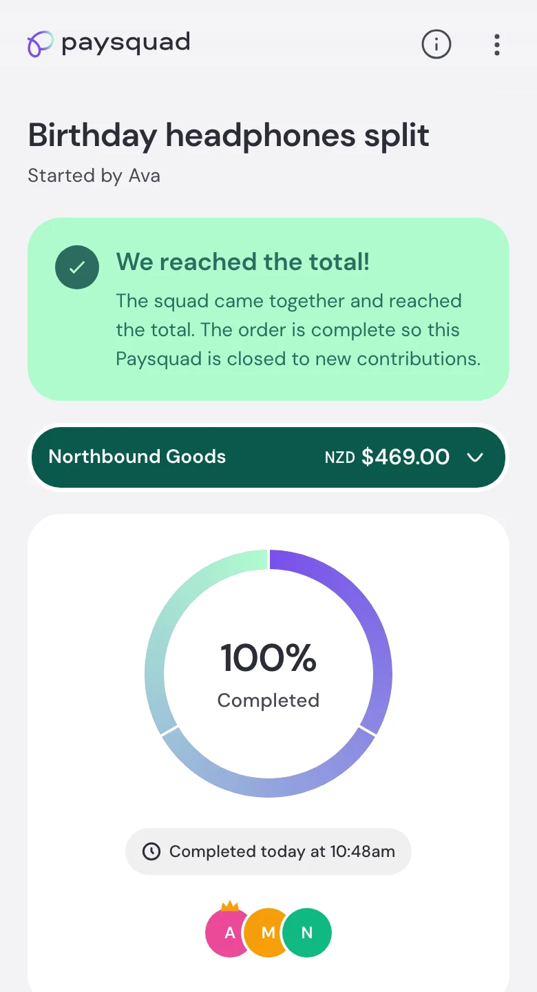 A completed Paysquad showing We reached the total and a progress ring at 100%
