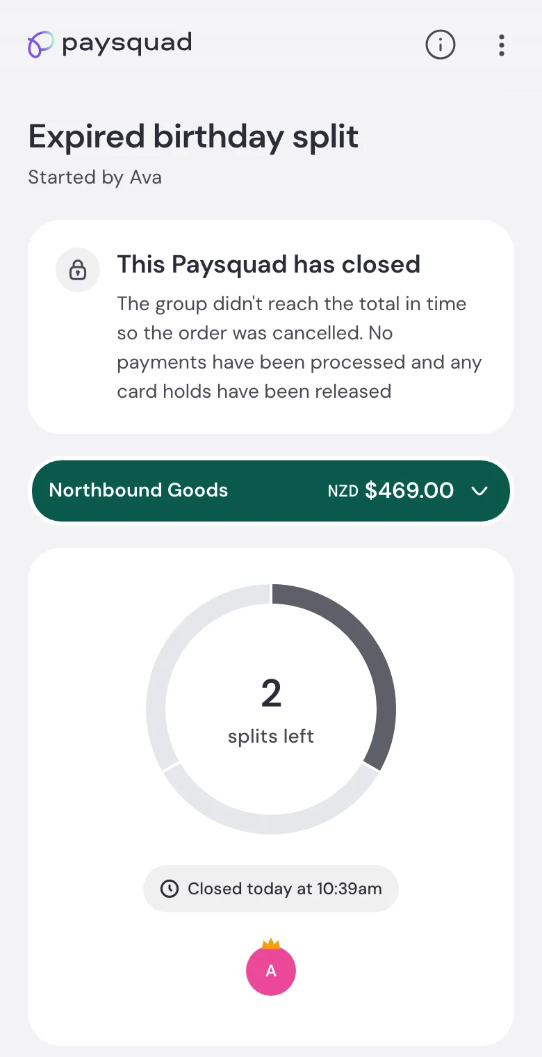 A closed Paysquad explaining the group didn’t reach the total in time and card holds have been released