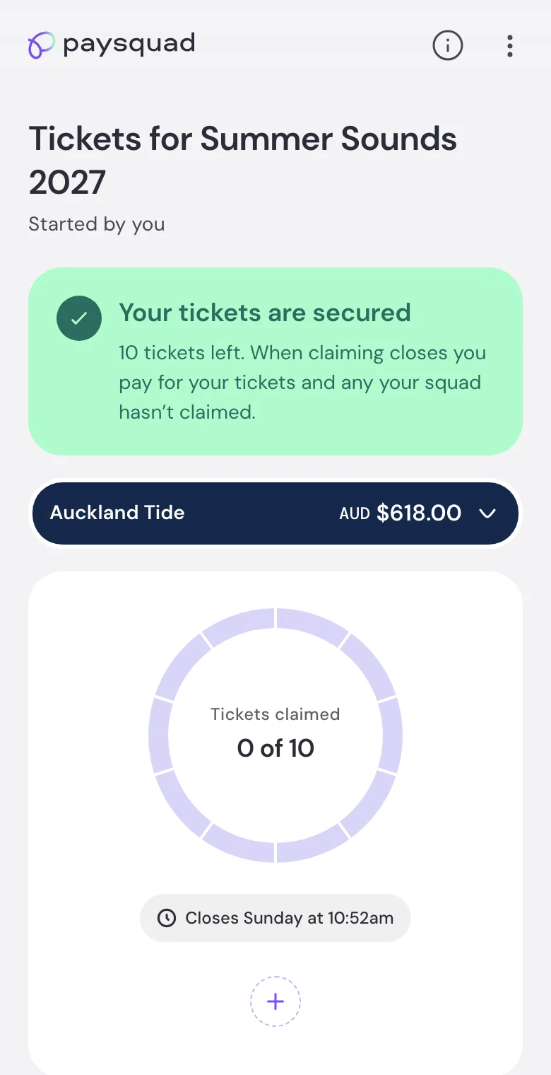 A ticket Paysquad with Leader Cover showing Your tickets are secured and a tickets claimed ring