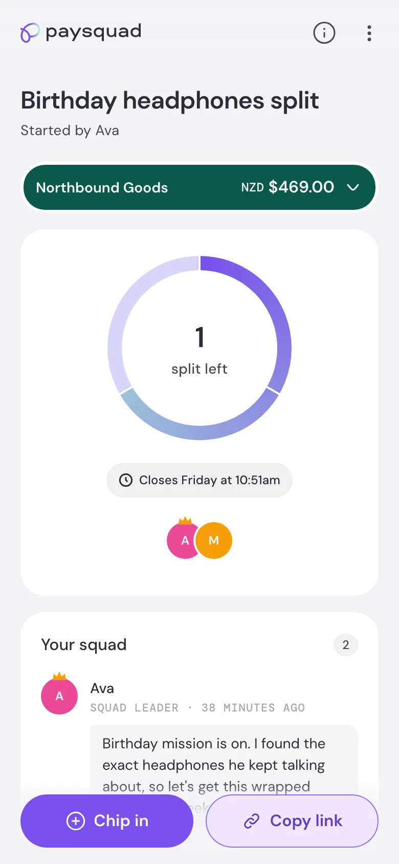 A Paysquad page showing the order total, progress ring, closing time and Chip in and Copy link buttons