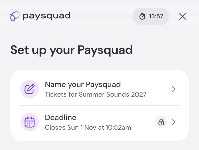 Ticket Paysquad setup showing the name and a deadline with a lock icon
