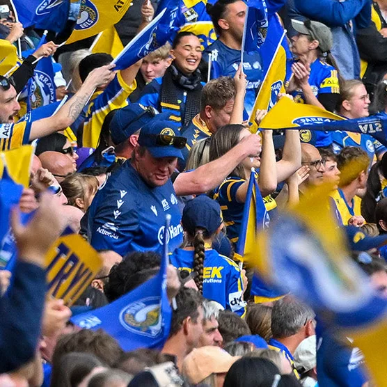 Eels fans waving blue and gold flags in the crowd